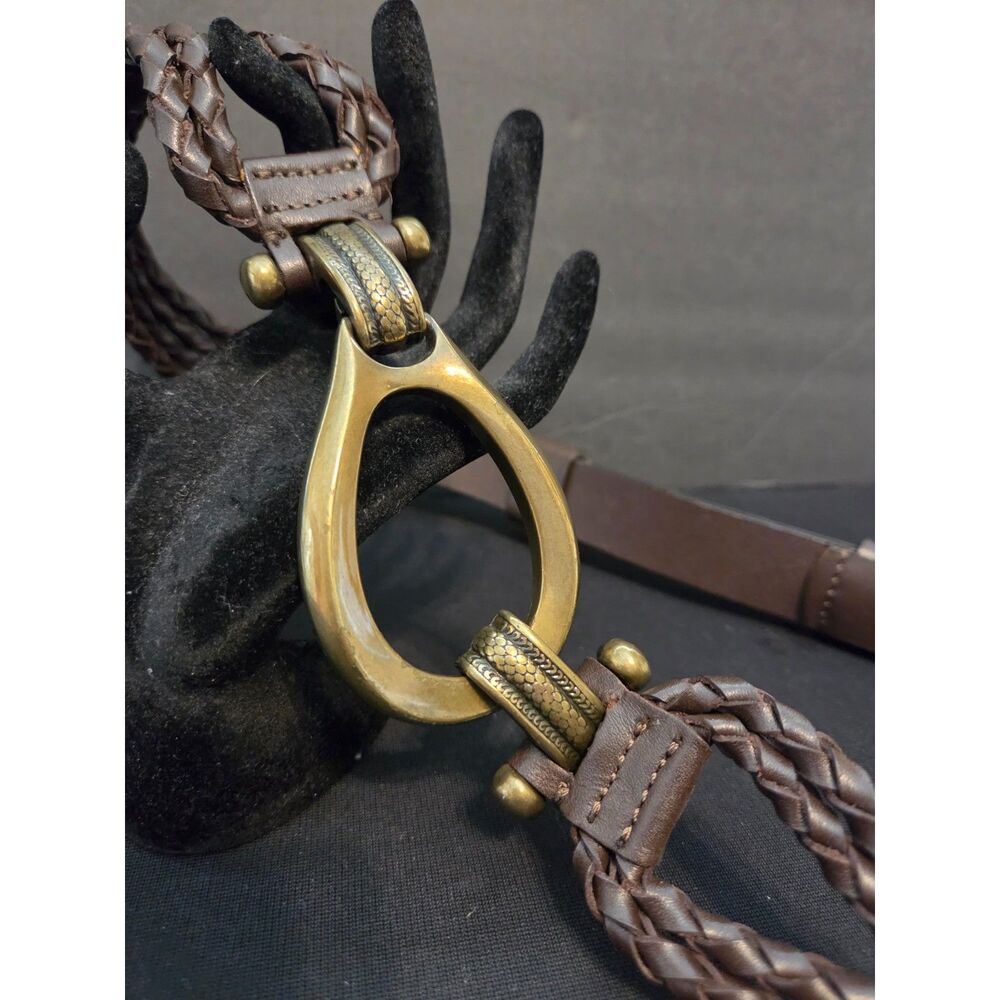 Vintage Brown Braided Leather Belt Hook & Ring Gold Tone Buckle Adjustable Boho